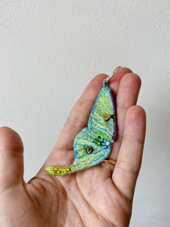 Handmade Earring Embroidery – Green Luna Moth
